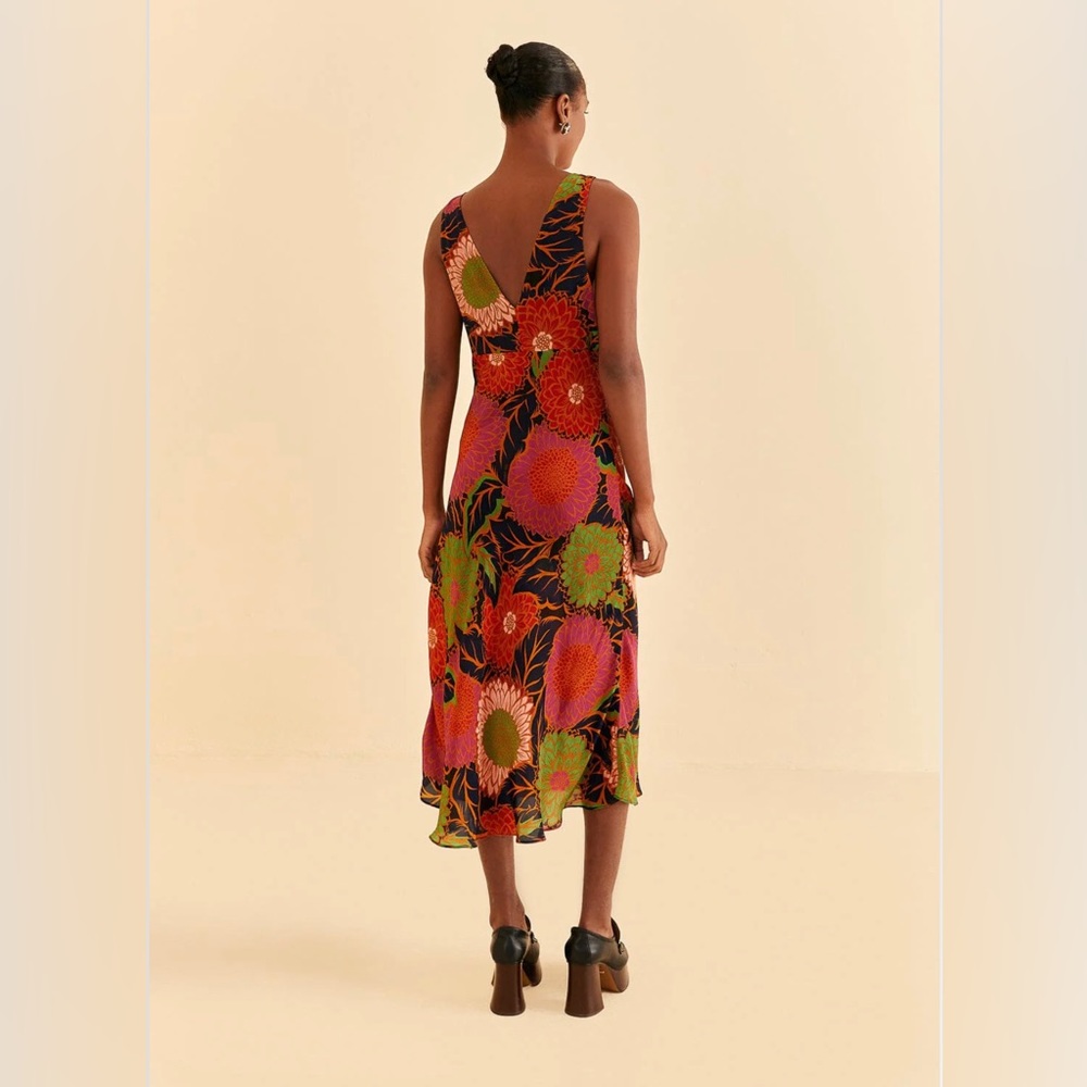 FARM Rio Black Midi Dress with Bright Floral Print (Green, Red, Orange, Pink) - Picture 5 of 11